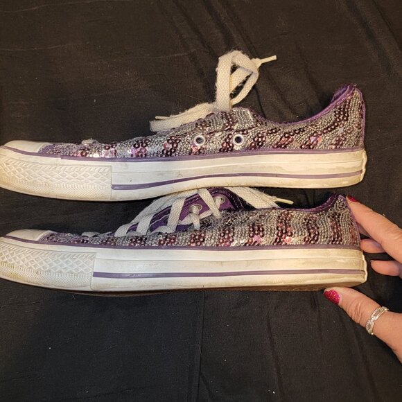 Purple Silver Sequin Converse 9.5 Women Low Top Glitter Festival Tennis Shoes - Picture 5 of 9